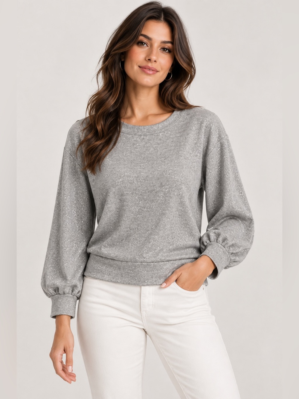 White House Black Market Silver Sparkle Crewneck Sweater Large